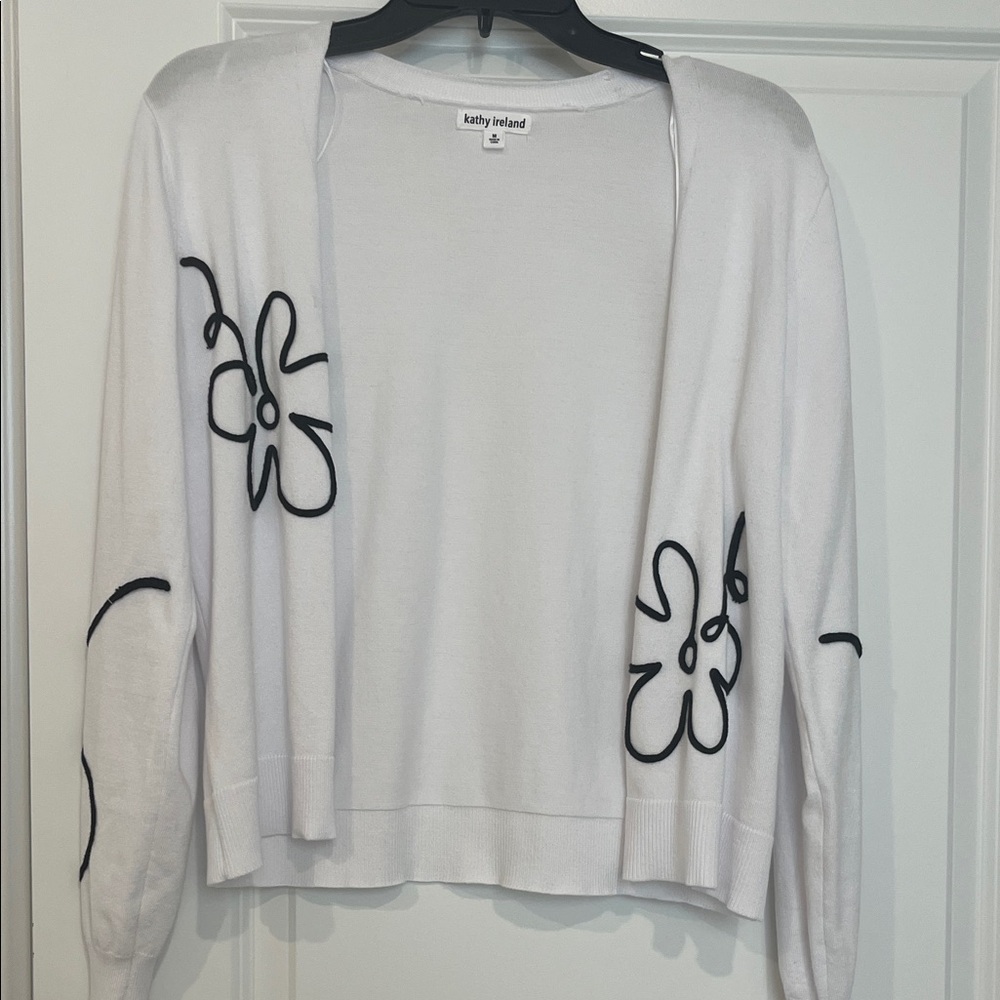 Kathy Ireland White Cardigan with Black Floral Accents